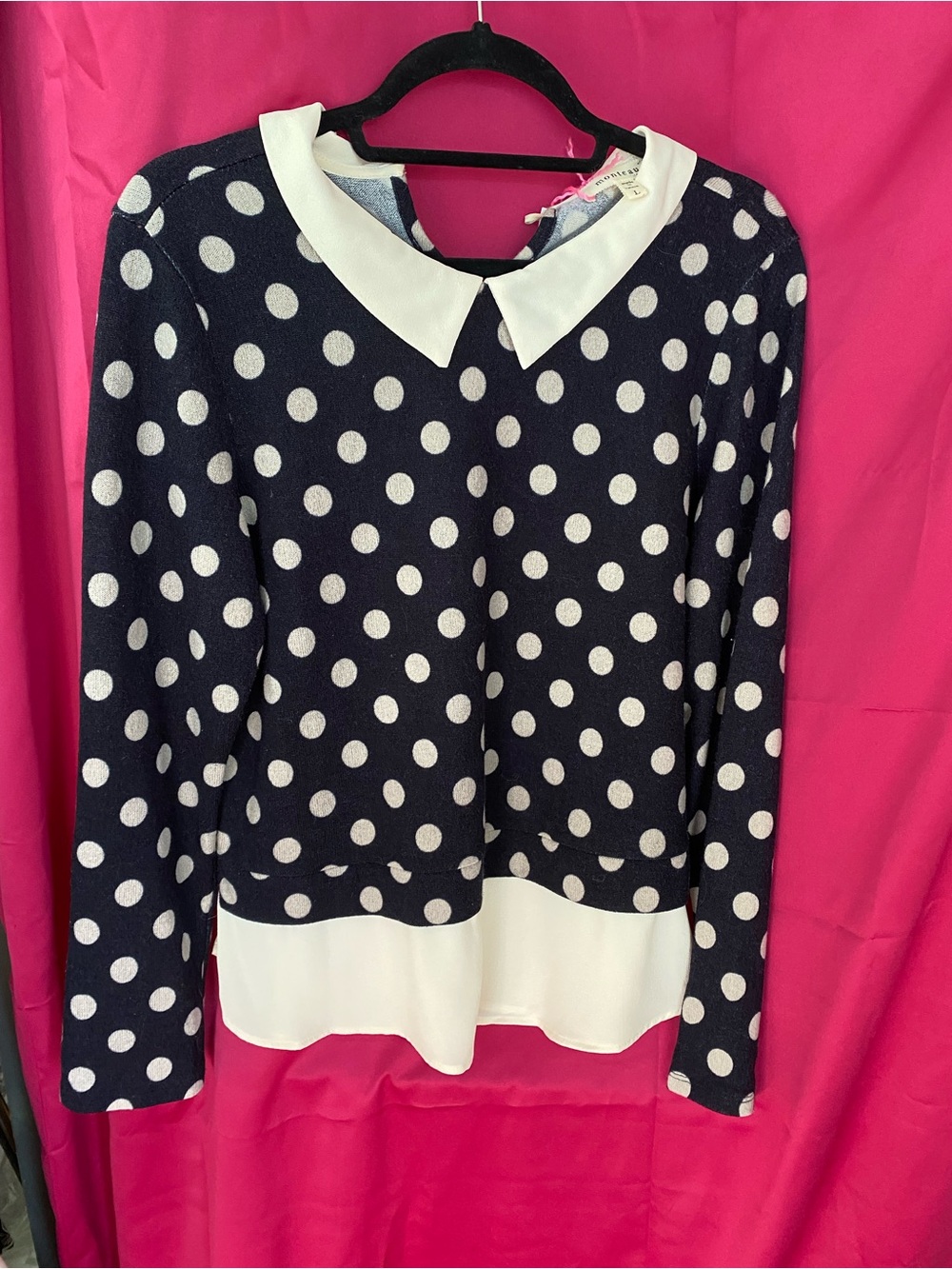 Monteau Navy and White Polka Dot Collared Sweater